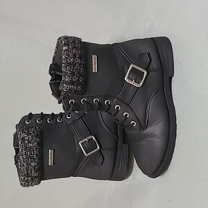 CHEROKEE Girls Black Lace Up Side Zip Fleece Tip Ankle Booties - Size 2